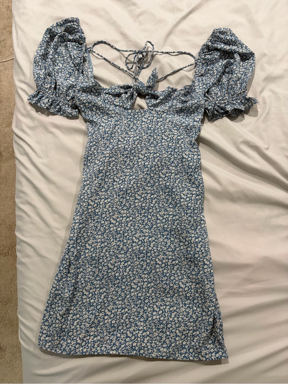 Princess Polly Blue Floral Tie-Back Puff Sleeve Mini Dress